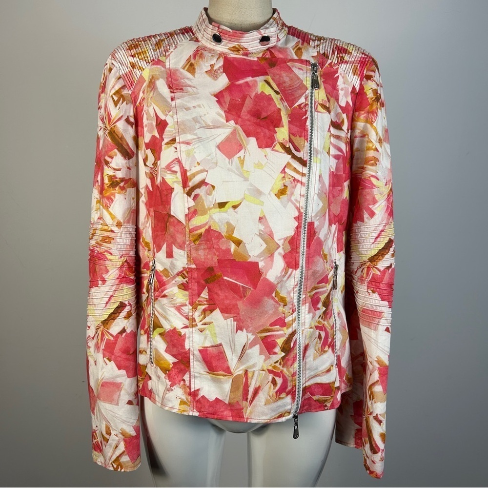Escada Pink And White Floral Moto Bomber Jacket 40